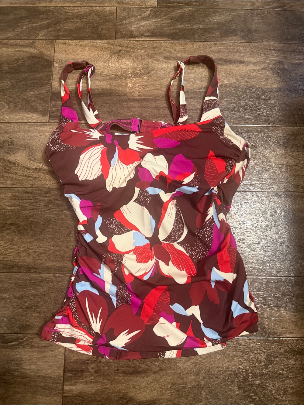 Athleta Burgundy Floral Tankini Top with Pink and Cream Accents
